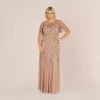 Adrianna Papell Plus Size Long Floral Beaded Gown With Flutter Sleeves In Rose Gold