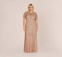 Adrianna Papell Plus Size Long Floral Beaded Gown With Flutter Sleeves In Rose Gold -Adrianna Papell Shop AP1E208445 AA958 Plus Default