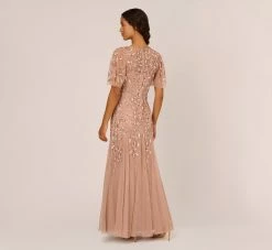 Adrianna Papell Long Floral Beaded Gown With Flutter Sleeves In Rose Gold -Adrianna Papell Shop AP1E208445 AA958 Regular Back 60c79153 2423 4594 b344 b6c4dbc9417f