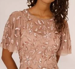 Adrianna Papell Long Floral Beaded Gown With Flutter Sleeves In Rose Gold -Adrianna Papell Shop AP1E208445 AA958 Regular Detail aadeffc5 81ab 4c37 a82f 3d9e118a0970