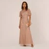Adrianna Papell Long Floral Beaded Gown With Flutter Sleeves In Rose Gold