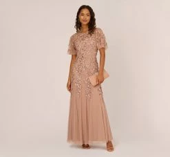 Adrianna Papell Long Floral Beaded Gown With Flutter Sleeves In Rose Gold