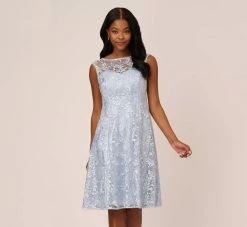 Adrianna Papell Embroidered Sleeveless Midi Cocktail Dress In Skyway