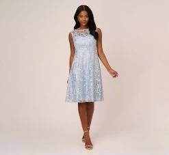 Adrianna Papell Embroidered Sleeveless Midi Cocktail Dress In Skyway -Adrianna Papell Shop AP1E208600 AC459 Regular Front
