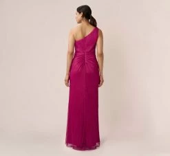Adrianna Papell Stardust Pleated Draped One Shoulder Gown In Magenta -Adrianna Papell Shop AP1E208794 AA670 Regular Back