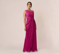 Adrianna Papell Stardust Pleated Draped One Shoulder Gown In Magenta