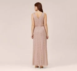 Adrianna Papell Hand Beaded Long Blouson Mermaid Gown In Steel Rose -Adrianna Papell Shop AP1E208913 BA696 Regular Back