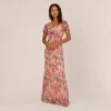 Adrianna Papell Floral-Print Metallic Twist Front Long Gown With Flutter Sleeves In Alabaster Multi