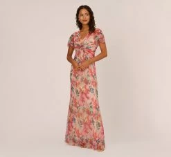 Adrianna Papell Floral-Print Metallic Twist Front Long Gown With Flutter Sleeves In Alabaster Multi