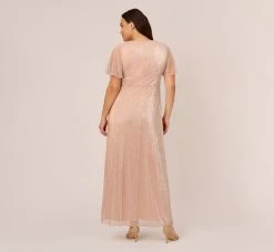 Adrianna Papell Plus Size Metallic Mesh Draped Gown In Rose Gold -Adrianna Papell Shop AP1E209024 AI298 Plus Back