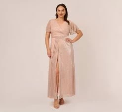 Adrianna Papell Plus Size Metallic Mesh Draped Gown In Rose Gold