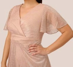 Adrianna Papell Plus Size Metallic Mesh Draped Gown In Rose Gold -Adrianna Papell Shop AP1E209024 AI298 Plus Detail