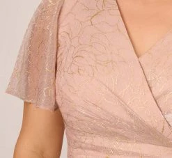 Adrianna Papell Plus Size Metallic Mesh Draped Gown In Rose Gold -Adrianna Papell Shop AP1E209024 AI298 Plus Lifestyle
