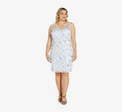 Adrianna Papell Plus Size Floral Embroidered Sheath Dress In Clearwater Ivory -Adrianna Papell Shop AP1E209030 AJ453 Plus Side