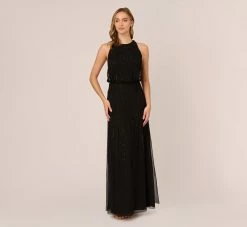 Adrianna Papell Halter Hand-Beaded Blouson Gown With Keyhole Back In Black