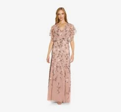Adrianna Papell Long Hand Beaded Flutter Sleeve Blouson Gown In Candied Ginger -Adrianna Papell Shop AP1E209124 AO695 Regular Alternate
