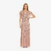 Adrianna Papell Long Hand Beaded Flutter Sleeve Blouson Gown In Candied Ginger