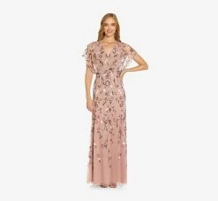 Adrianna Papell Long Hand Beaded Flutter Sleeve Blouson Gown In Candied Ginger