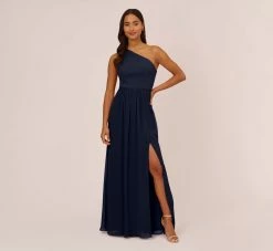 Adrianna Papell One-Shoulder Chiffon Long Gown In Midnight
