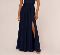 Adrianna Papell One-Shoulder Chiffon Long Gown In Midnight -Adrianna Papell Shop AP1E209149 AB411 Regular Lifestyle