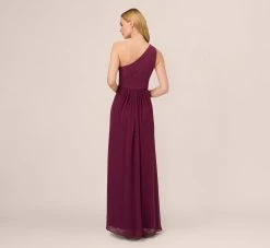 Adrianna Papell One-Shoulder Chiffon Long Gown In Cassis -Adrianna Papell Shop AP1E209149 AC507 Regular Back