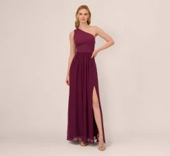Adrianna Papell One-Shoulder Chiffon Long Gown In Cassis