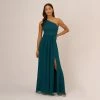 Adrianna Papell One-Shoulder Chiffon Long Gown In Hunter
