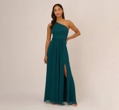 Adrianna Papell One-Shoulder Chiffon Long Gown In Hunter