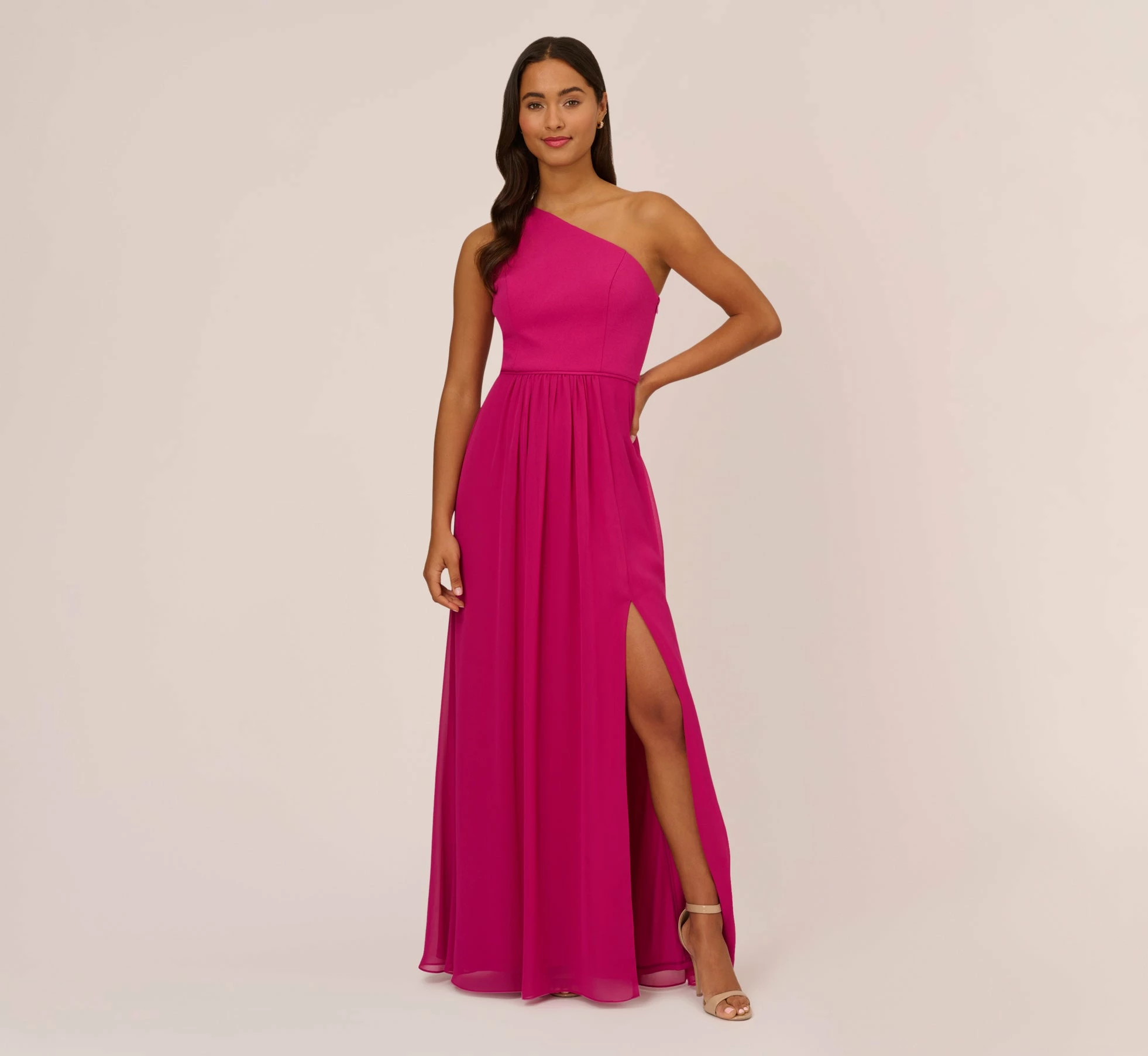 Adrianna Papell One-Shoulder Chiffon Long Gown In Bright Magenta 1 Adrianna Papell One-Shoulder Chiffon Long Gown In Bright Magenta