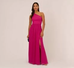 Adrianna Papell One-Shoulder Chiffon Long Gown In Bright Magenta 8 Adrianna Papell One-Shoulder Chiffon Long Gown In Bright Magenta -Adrianna Papell Shop AP1E209149 AY670 Regular Side