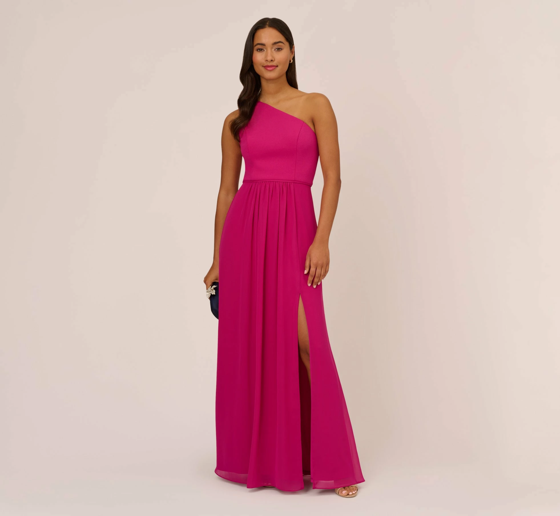 Adrianna Papell One-Shoulder Chiffon Long Gown In Bright Magenta 2 Adrianna Papell One-Shoulder Chiffon Long Gown In Bright Magenta - Image 2
