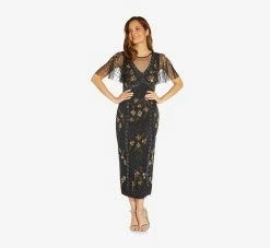 Adrianna Papell Flutter Sleeve Ankle-Length Column Gown In Black Gold -Adrianna Papell Shop AP1E209160 AB788 Regular Alternate