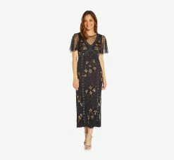 Adrianna Papell Flutter Sleeve Ankle-Length Column Gown In Black Gold
