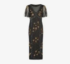 Adrianna Papell Flutter Sleeve Ankle-Length Column Gown In Black Gold -Adrianna Papell Shop AP1E209160 AB788 Regular Flat