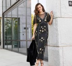 Adrianna Papell Flutter Sleeve Ankle-Length Column Gown In Black Gold -Adrianna Papell Shop AP1E209160 AB788 Regular Lifestyle