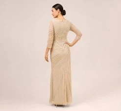 Adrianna Papell Hand-Beaded Three-Quarter Sleeve Long Gown In Biscotti -Adrianna Papell Shop AP1E209180 AG273 Regular Back