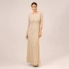 Adrianna Papell Hand-Beaded Three-Quarter Sleeve Long Gown In Biscotti