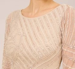 Adrianna Papell Hand-Beaded Three-Quarter Sleeve Long Gown In Biscotti -Adrianna Papell Shop AP1E209180 AG273 Regular Detail