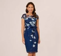 Adrianna Papell Embroidered Sheath Dress In Midnight Multi