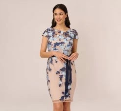 Adrianna Papell Embroidered Sheath Dress In Midnight Multi Nude