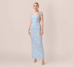 Adrianna Papell Metallic Embroidered Column Gown In Light Blue