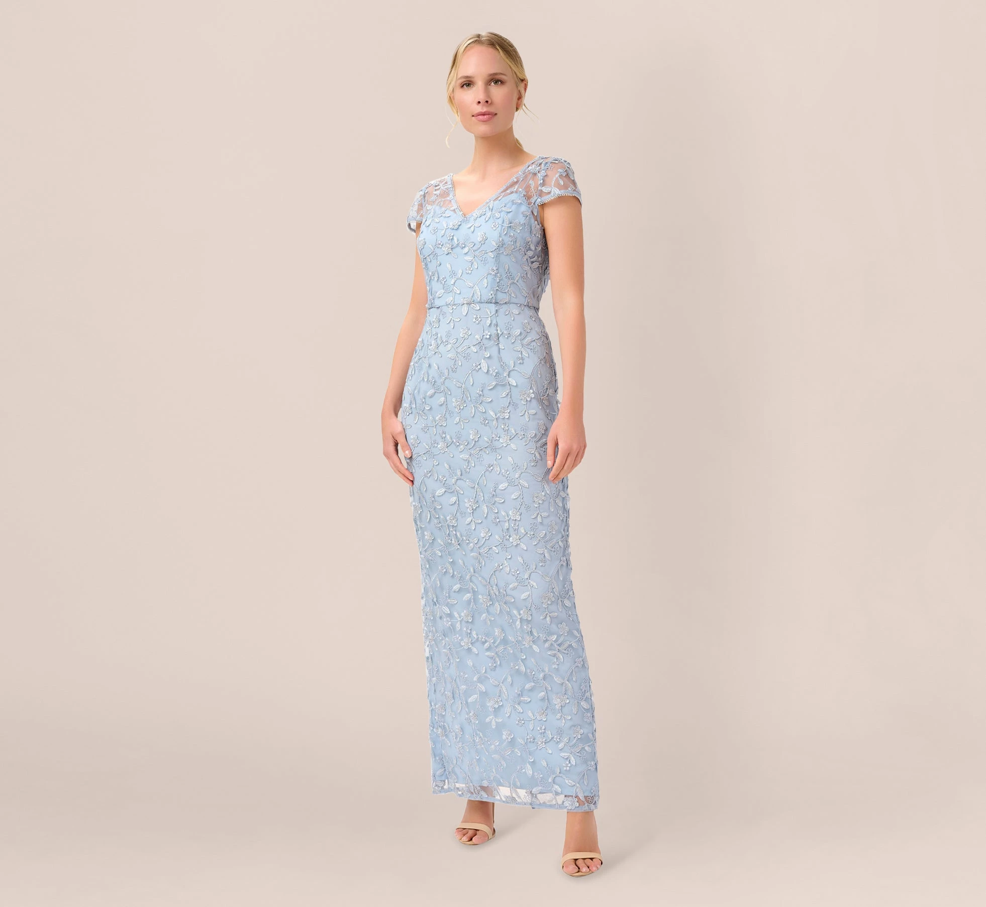 Adrianna Papell Metallic Embroidered Column Gown In Light Blue 1 Adrianna Papell Metallic Embroidered Column Gown In Light Blue