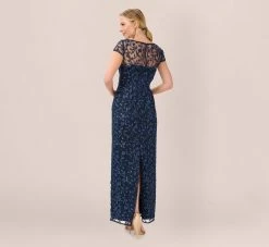 Adrianna Papell Metallic Embroidered Column Gown In Midnight -Adrianna Papell Shop AP1E209204 AB411 Regular Back