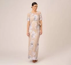 Adrianna Papell Floral Embroidered Gown In Biscotti Multi