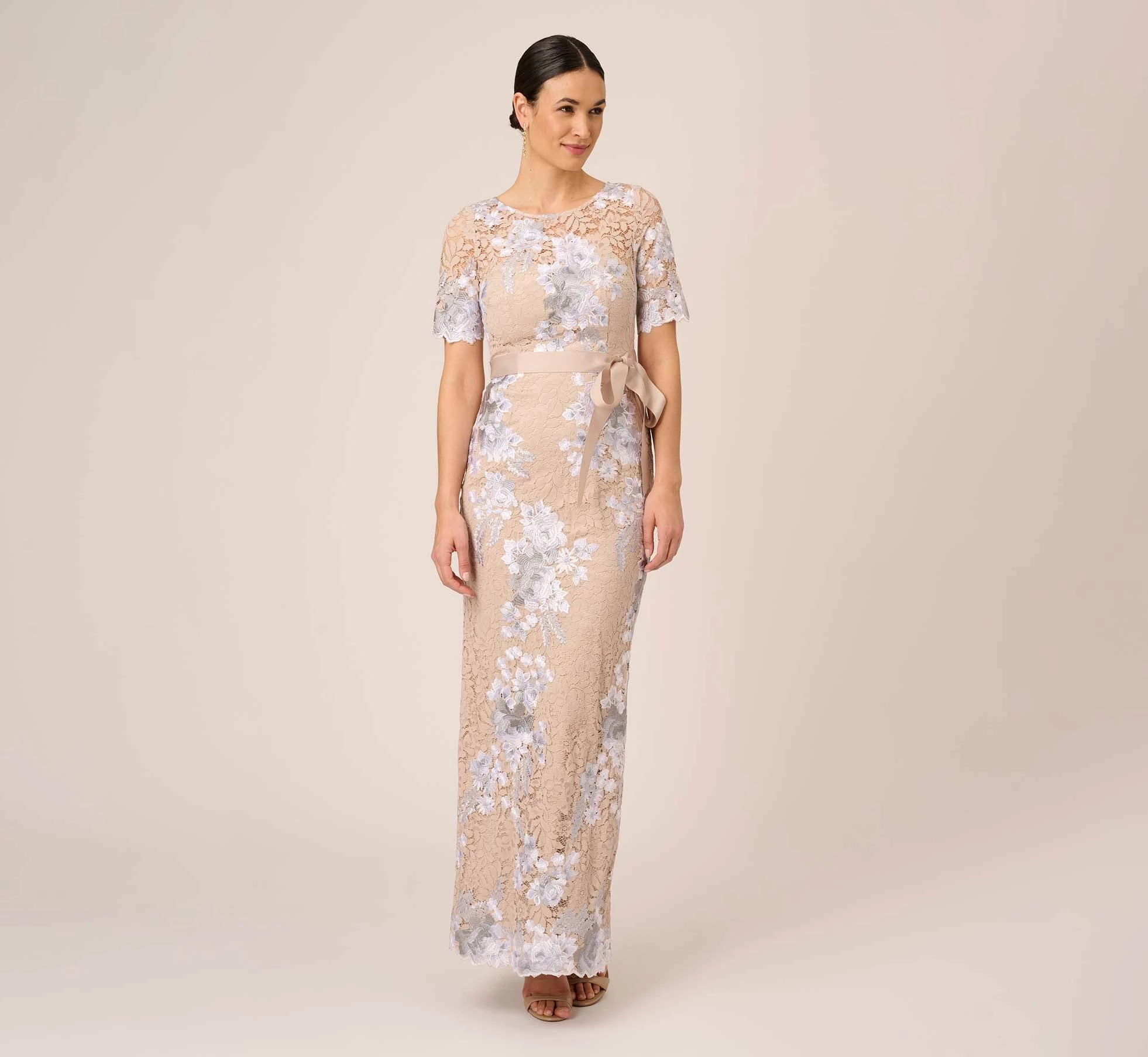 Adrianna Papell Floral Embroidered Gown In Biscotti Multi 1 Adrianna Papell Floral Embroidered Gown In Biscotti Multi