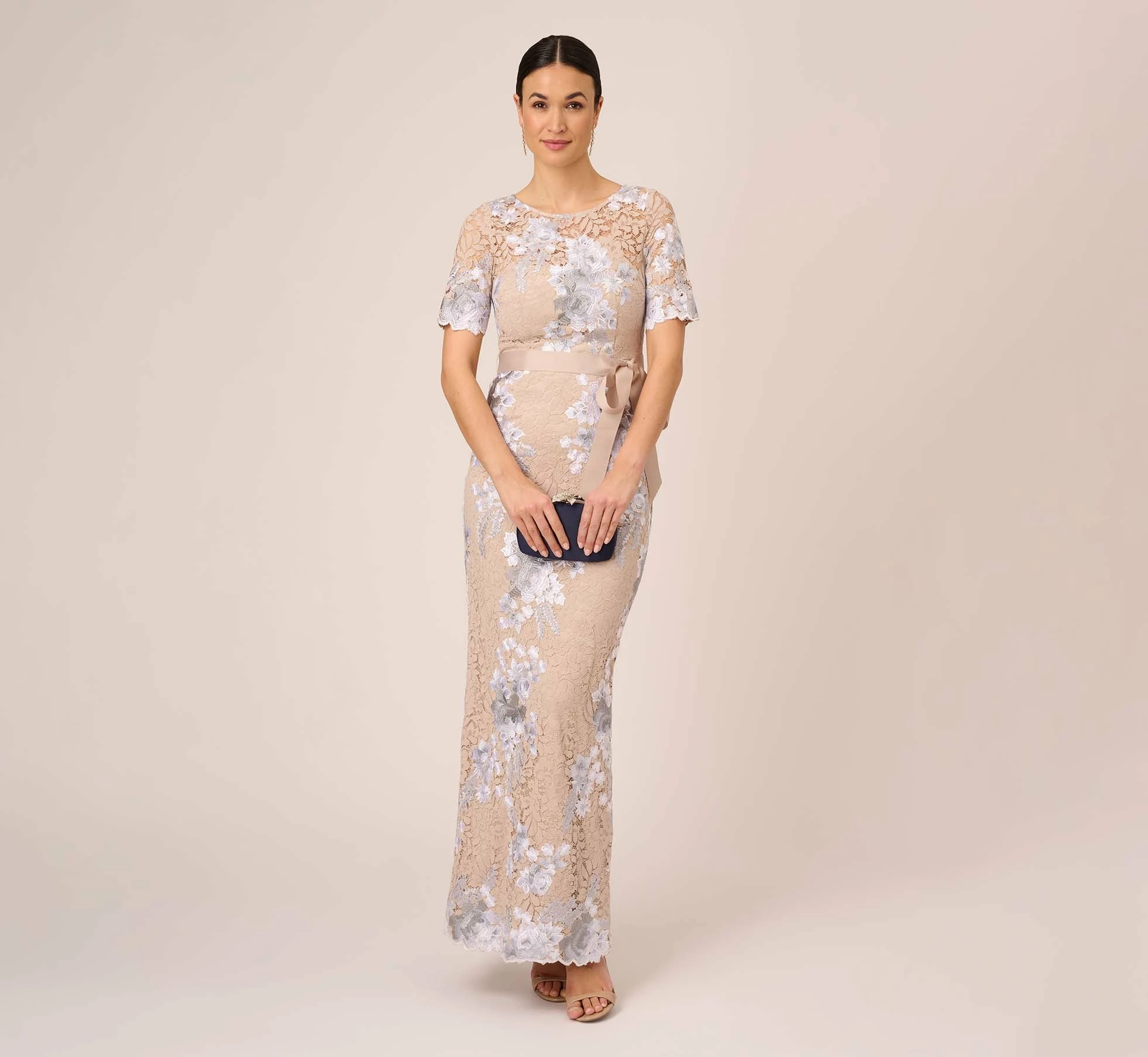 Adrianna Papell Floral Embroidered Gown In Biscotti Multi 2 Adrianna Papell Floral Embroidered Gown In Biscotti Multi - Image 2