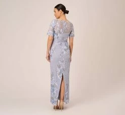 Adrianna Papell Floral Embroidered Gown In Blue Breeze -Adrianna Papell Shop AP1E209277 AD497 Regular Back