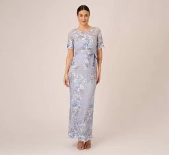 Adrianna Papell Floral Embroidered Gown In Blue Breeze