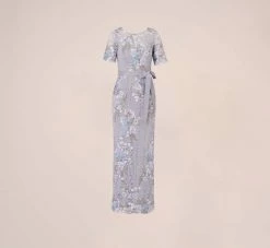 Adrianna Papell Floral Embroidered Gown In Blue Breeze -Adrianna Papell Shop AP1E209277 AD497 Regular Flat