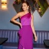 Adrianna Papell One-Shoulder Long Satin Crepe Mermaid Gown In Wild Orchid